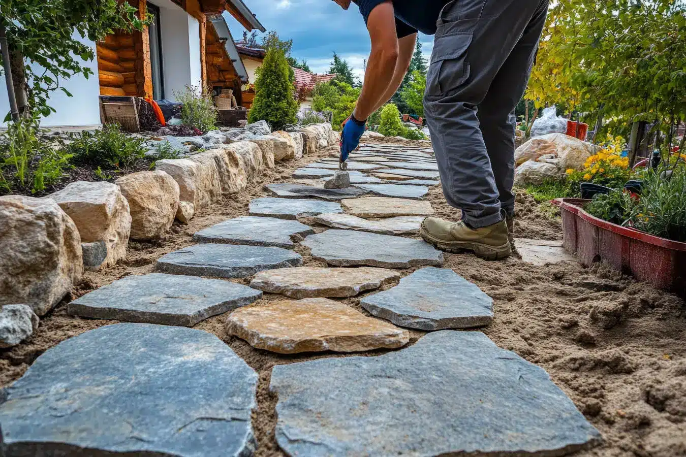 Allée de jardin en pierre réalisée par Créa-Paysages