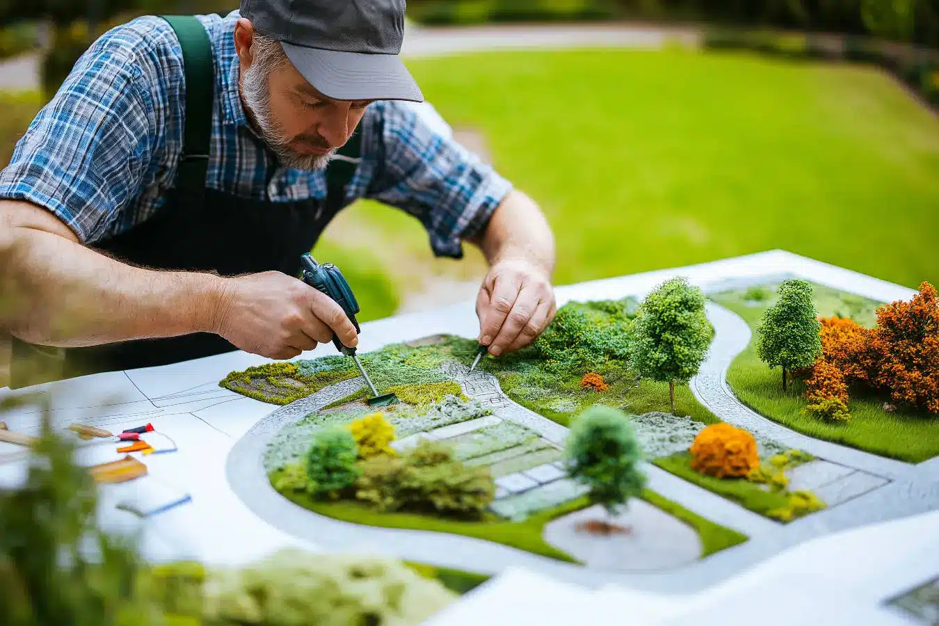 Un artisan entrain de rÃ©aliser une maquette d'amÃ©nagements paysagers